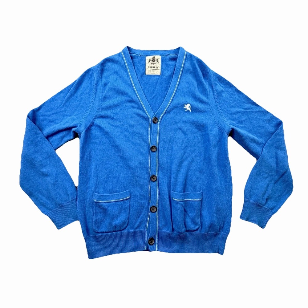 Express Blue Cotton Button Cardigan Sweater Lion Crest Men's L